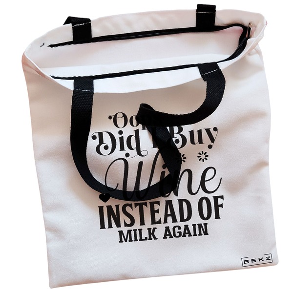 Geanta Canvas Tote pentru femei, model Opps Did I buy wine instead of milk again?, 38x34.5 cm, Alba, BEKZ® 2 Geanta Canvas Tote pentru femei model Opps Did I buy wine instead of milk again 38x34.5 cm Alba BEKZ® 1