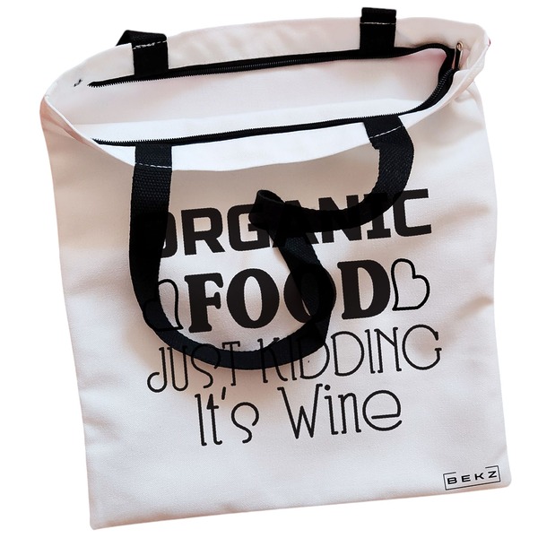 Geanta Canvas Tote pentru femei model Organic food Just kidding its Wine 38x34.5 cm Alba BEKZ® 1
