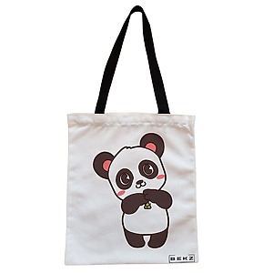 Geanta Canvas Tote pentru femei, model Panda Love, 38x34.5 cm, Alba, BEKZ®