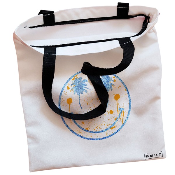 Geanta Canvas Tote pentru femei model Party Smile 38x34.5 cm Alba BEKZ® 1
