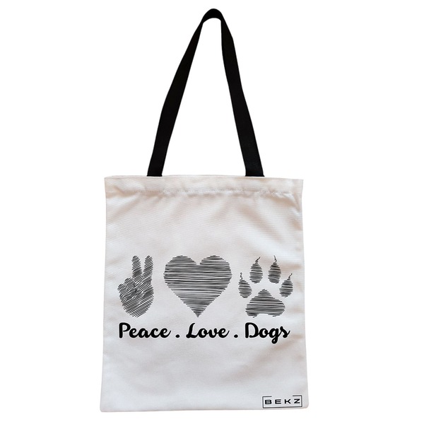 Geanta Canvas Tote pentru femei, model Peace Love Dogs, 38x34.5 cm, Alba, BEKZ® 1 Geanta Canvas Tote pentru femei model Peace Love Dogs 38x34.5 cm Alba BEKZ®