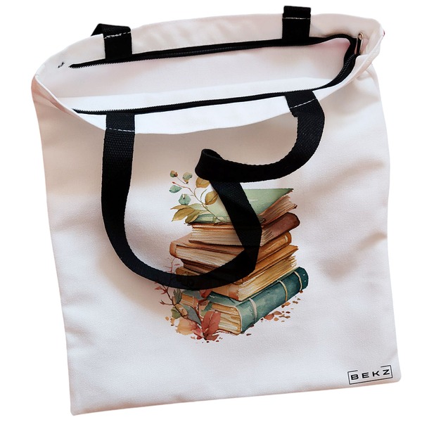 Geanta Canvas Tote pentru femei, model Pile of Books, 38x34.5 cm, Alba, BEKZ® 2 Geanta Canvas Tote pentru femei model Pile of Books 38x34.5 cm Alba BEKZ® 1