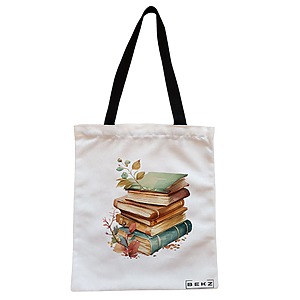 Geanta Canvas Tote pentru femei, model Pile of Books, 38x34.5 cm, Alba, BEKZ®