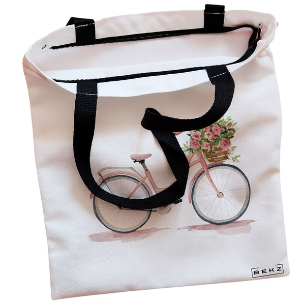 Geanta Canvas Tote pentru femei model Pink Bicycle 38x34.5 cm Alba BEKZ® 1
