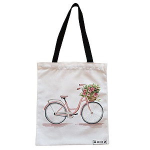 Geanta Canvas Tote pentru femei, model Pink Bicycle, 38x34.5 cm, Alba, BEKZ®