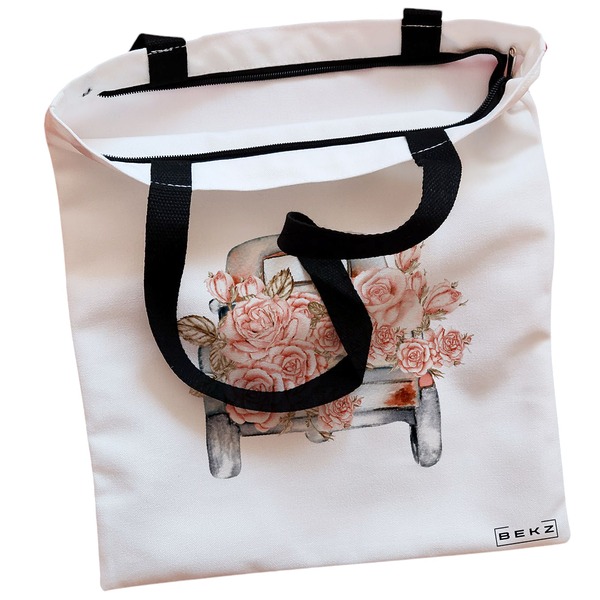 Geanta Canvas Tote pentru femei model Pink Car 38x34.5 cm Alba BEKZ® 1
