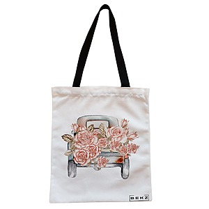Geanta Canvas Tote pentru femei, model Pink Car, 38x34.5 cm, Alba, BEKZ®
