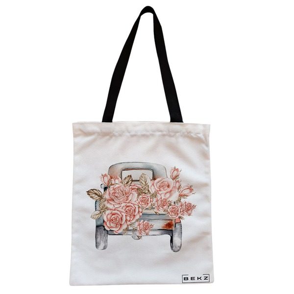 Geanta Canvas Tote pentru femei model Pink Car 38x34.5 cm Alba BEKZ®