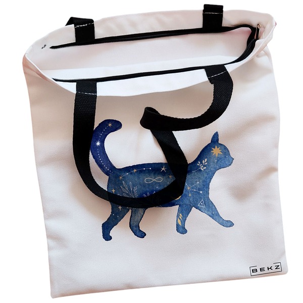 Geanta Canvas Tote pentru femei, model Pisica Astrala, 38x34.5 cm, Alba, BEKZ® 2 Geanta Canvas Tote pentru femei model Pisica Astrala 38x34.5 cm Alba BEKZ® 1