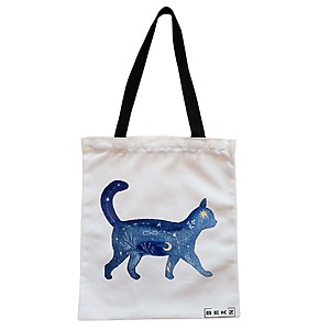 Geanta Canvas Tote pentru femei, model Pisica Astrala, 38x34.5 cm, Alba, BEKZ®
