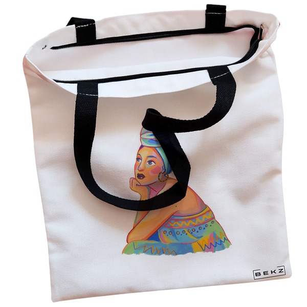 Geanta Canvas Tote pentru femei, model Portret Vibrant 2, 38x34.5 cm, Alba, BEKZ® 2 Geanta Canvas Tote pentru femei model Portret Vibrant 2 38x34.5 cm Alba BEKZ® 1