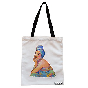 Geanta Canvas Tote pentru femei, model Portret Vibrant 2, 38x34.5 cm, Alba, BEKZ®