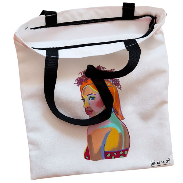 Geanta Canvas Tote pentru femei, model Portret Vibrant 3, 38x34.5 cm, Alba, BEKZ® 2 Geanta Canvas Tote pentru femei model Portret Vibrant 3 38x34.5 cm Alba BEKZ® 1