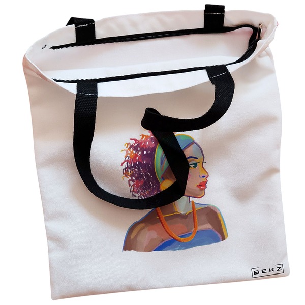 Geanta Canvas Tote pentru femei, model Portret Vibrant 4, 38x34.5 cm, Alba, BEKZ® 2 Geanta Canvas Tote pentru femei model Portret Vibrant 4 38x34.5 cm Alba BEKZ® 1