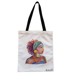 Geanta Canvas Tote pentru femei, model Portret Vibrant 4, 38x34.5 cm, Alba, BEKZ®