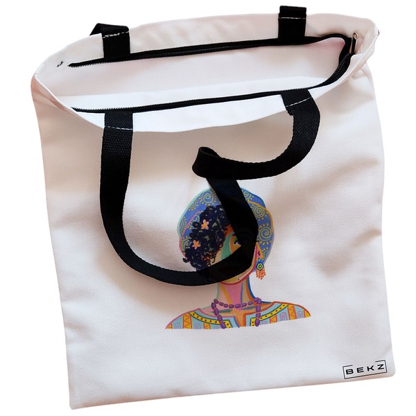 Geanta Canvas Tote pentru femei, model Portret Vibrant 5, 38x34.5 cm, Alba, BEKZ® 2 Geanta Canvas Tote pentru femei model Portret Vibrant 5 38x34.5 cm Alba BEKZ® 1