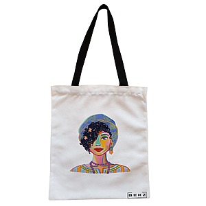 Geanta Canvas Tote pentru femei, model Portret Vibrant 5, 38x34.5 cm, Alba, BEKZ®