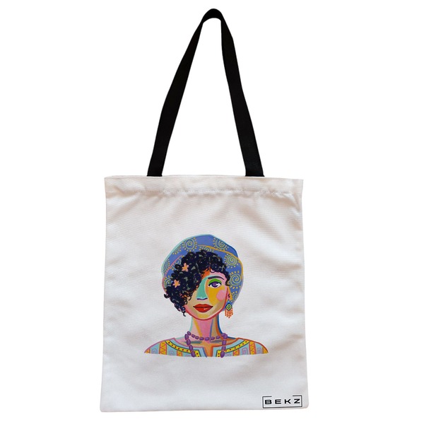 Geanta Canvas Tote pentru femei, model Portret Vibrant 5, 38x34.5 cm, Alba, BEKZ® 1 Geanta Canvas Tote pentru femei model Portret Vibrant 5 38x34.5 cm Alba BEKZ®