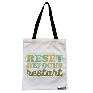 Geanta Canvas Tote pentru femei, model RESET REFOCUS RESTART, 38x34.5 cm, Alba, BEKZ®