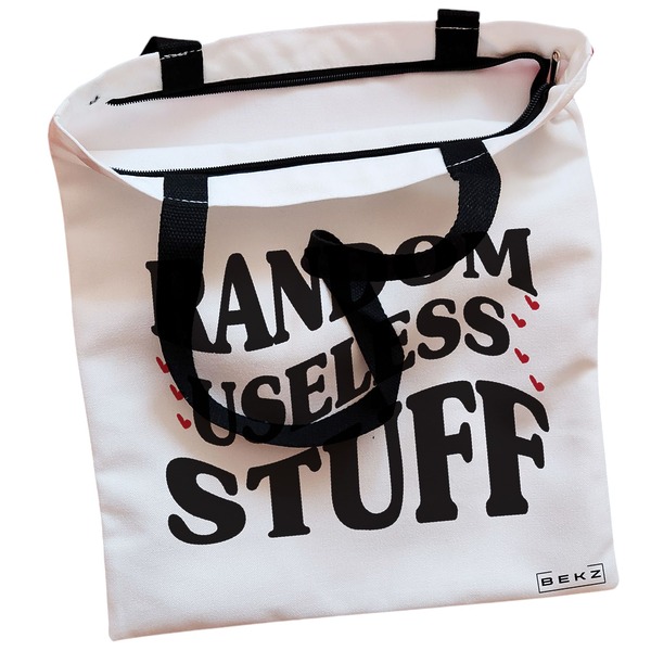 Geanta Canvas Tote pentru femei, model Random useless stuff, 38x34.5 cm, Alba, BEKZ® 2 Geanta Canvas Tote pentru femei model Random useless stuff 38x34.5 cm Alba BEKZ® 1