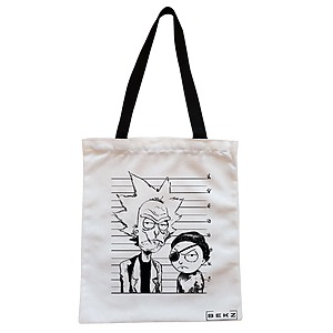Geanta Canvas Tote pentru femei, model Rick and Morty, 38x34.5 cm, Alba, BEKZ®