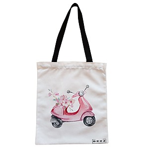 Geanta Canvas Tote pentru femei, model Rose flower Bike, 38x34.5 cm, Alba, BEKZ®