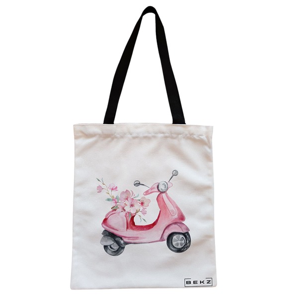 Geanta Canvas Tote pentru femei model Rose flower Bike 38x34.5 cm Alba BEKZ®