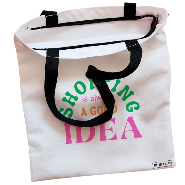 Geanta Canvas Tote pentru femei model Shopping is always a good idea 38x34.5 cm Alba BEKZ® 1