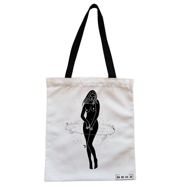 Geanta Canvas Tote pentru femei, model Silueta Feminina, 38x34.5 cm, Alba, BEKZ®