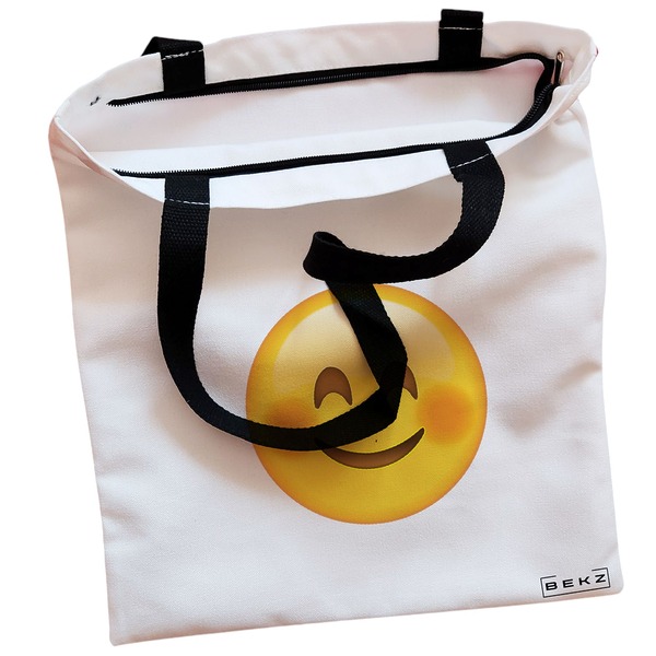 Geanta Canvas Tote pentru femei, model Smiling Emoji, 38x34.5 cm, Alba, BEKZ® 2 Geanta Canvas Tote pentru femei model Smiling Emoji 38x34.5 cm Alba BEKZ® 1