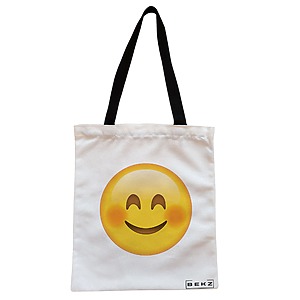 Geanta Canvas Tote pentru femei, model Smiling Emoji, 38x34.5 cm, Alba, BEKZ®