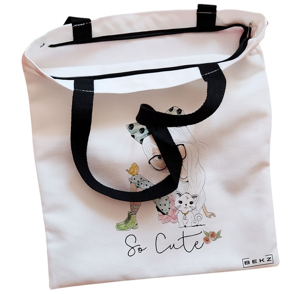 Geanta Canvas Tote pentru femei, model So Cute, 38x34.5 cm, Alba, BEKZ® 2 Geanta Canvas Tote pentru femei model So Cute 38x34.5 cm Alba BEKZ® 1