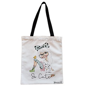Geanta Canvas Tote pentru femei, model So Cute, 38x34.5 cm, Alba, BEKZ®