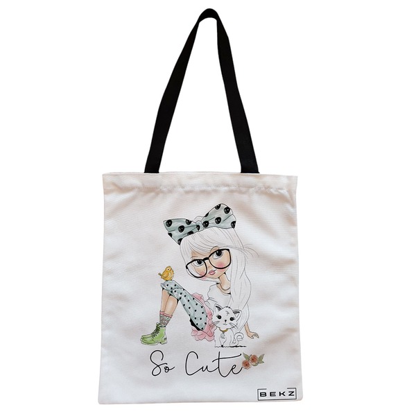 Geanta Canvas Tote pentru femei, model So Cute, 38x34.5 cm, Alba, BEKZ® 1 Geanta Canvas Tote pentru femei model So Cute 38x34.5 cm Alba BEKZ®