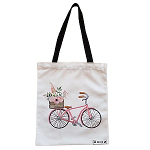Geanta Canvas Tote pentru femei, model Spring on Two Wheels, 38x34.5 cm, Alba, BEKZ®