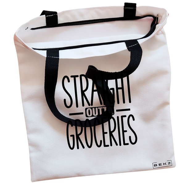 Geanta Canvas Tote pentru femei, model Straight Outta Groceries, 38x34.5 cm, Alba, BEKZ® 2 Geanta Canvas Tote pentru femei model Straight Outta Groceries 38x34.5 cm Alba BEKZ® 1