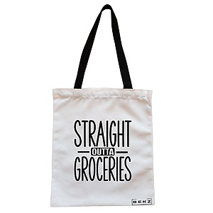 Geanta Canvas Tote pentru femei, model Straight Outta Groceries, 38x34.5 cm, Alba, BEKZ®