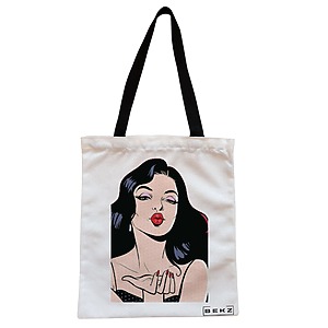 Geanta Canvas Tote pentru femei, model Stylish Girl, 38x34.5 cm, Alba, BEKZ®