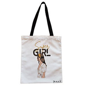 Geanta Canvas Tote pentru femei, model Super Girl, 38x34.5 cm, Alba, BEKZ®