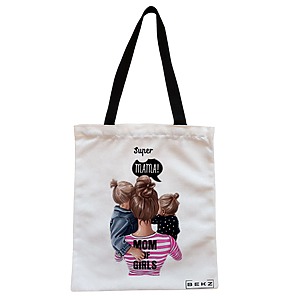 Geanta Canvas Tote pentru femei, model Super Mama, 38x34.5 cm, Alba, BEKZ®