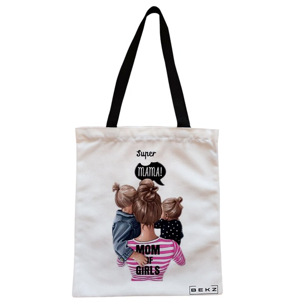 Geanta Canvas Tote pentru femei model Super Mama 38x34.5 cm Alba BEKZ®