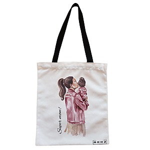 Geanta Canvas Tote pentru femei, model Super Mom 2, 38x34.5 cm, Alba, BEKZ®