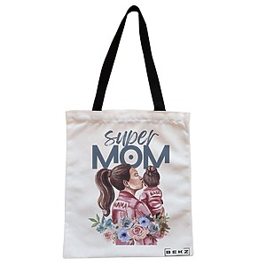 Geanta Canvas Tote pentru femei, model Super Mom 2, 38x34.5 cm, Alba, BEKZ®