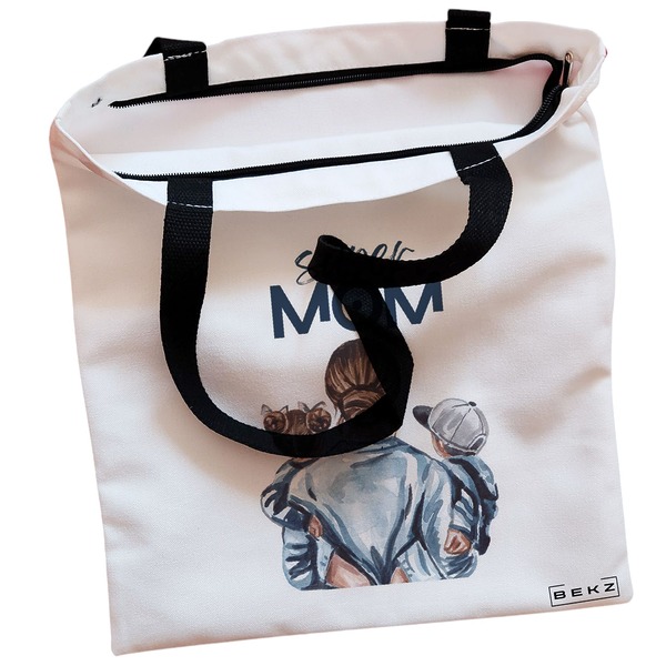 Geanta Canvas Tote pentru femei model Super Mom 38x34.5 cm Alba BEKZ® 1