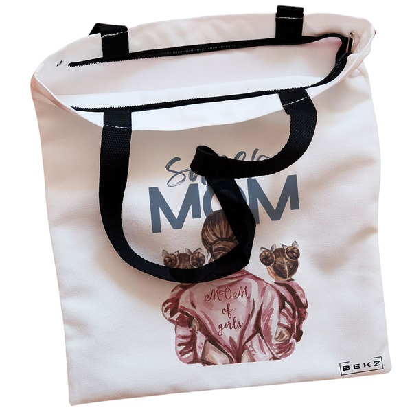 Geanta Canvas Tote pentru femei model Super Mom of Girls 38x34.5 cm Alba BEKZ® 1