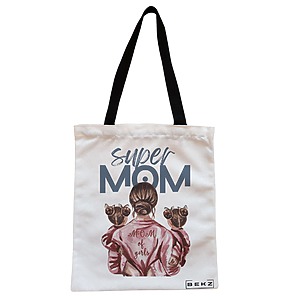 Geanta Canvas Tote pentru femei, model Super Mom of Girls, 38x34.5 cm, Alba, BEKZ®