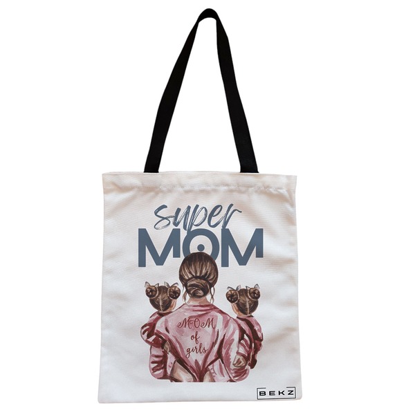 Geanta Canvas Tote pentru femei model Super Mom of Girls 38x34.5 cm Alba BEKZ®