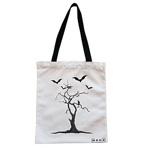 Geanta Canvas Tote pentru femei, model The Haunted Tree, 38x34.5 cm, Alba, BEKZ®