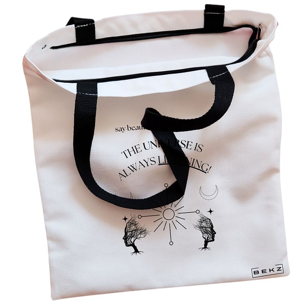 Geanta Canvas Tote pentru femei, model The Universe Listens 2, 38x34.5 cm, Alba, BEKZ® 2 Geanta Canvas Tote pentru femei model The Universe Listens 2 38x34.5 cm Alba BEKZ® 1
