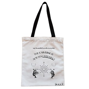 Geanta Canvas Tote pentru femei, model The Universe Listens 2, 38x34.5 cm, Alba, BEKZ®